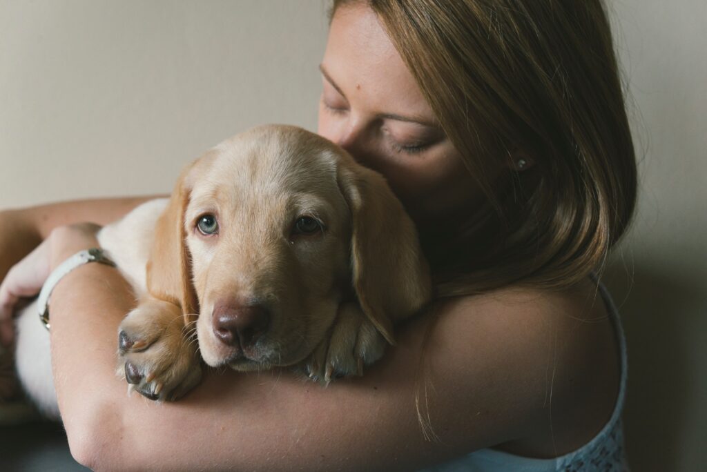 young woman cuddling her labrador retriever puppy